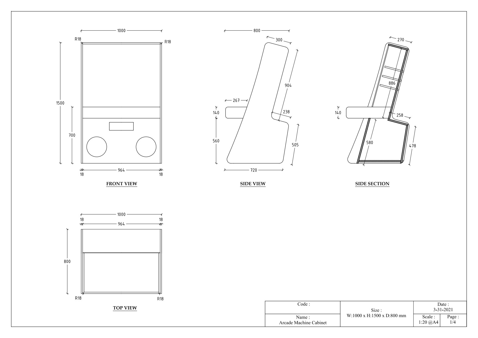 CAD drawing: front, side and top elevations of the 1000 by 1500 by 800 millimetre cabinet